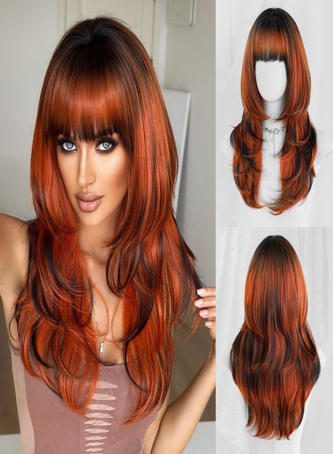 7JHH WIGS 24 Inch Ginger Orange Ombre Black Layered Tail Bangs Wig with Dark Roots Ginger Medium Length Wig Synthetic Heat Resistant Fiber Wig for Women Fashion Edgy Daily Party Cosplay - Image 1